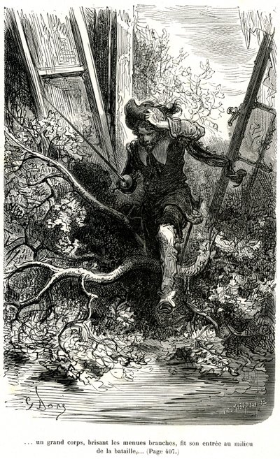 Jacquemin Lampourde, com a arma na mão, chegou a um ponto da batalha. Gravura de Gustave Dore ilustrando o romance picaresco de capa e espada de Theophile Gautier "Le capitaine Fracasse", edição Charpentier 1863. de Gustave Dore