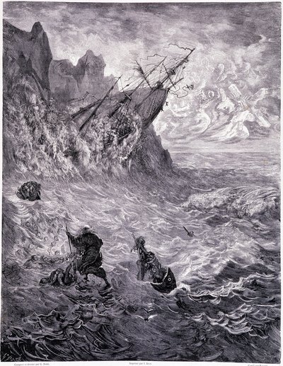 Je traverse les mers... planche X - Ilustração de Gustave Dore (1832-1883), para La legende du Jeif vagueando por Pierre Dupont, edição Librairie du magasin pitoresco, Paris 1862 de Gustave Dore