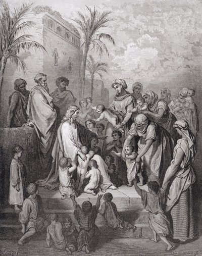 Jesus Abençoando as Crianças, gravado por Stephane Pannemaker (1847-1930) c.1868 de Gustave Dore