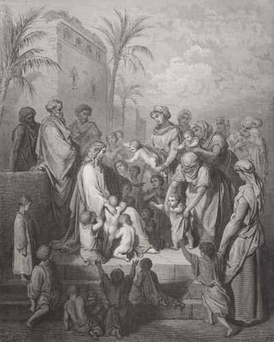 Jesus abençoando as crianças, ilustração da "Bíblia Sagrada" de Dore, gravada por Pannemaker, 1866 de Gustave Dore