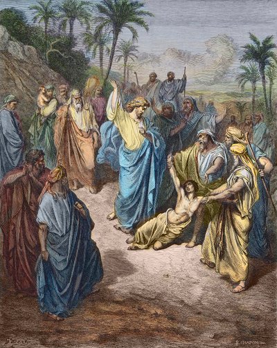 Jesus Cristo guerreando um jovem possuidor do Demônio - Jesus curando o lunático - Gravura colorida depois de Gustave Dore. de Gustave Dore
