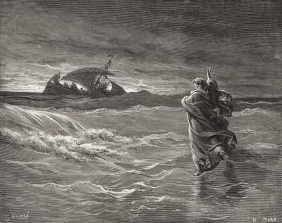 Jesus andando no mar, João 6: 19-21, ilustração da "Bíblia Sagrada" de Dore, gravada por Pisan, 1866 de Gustave Dore