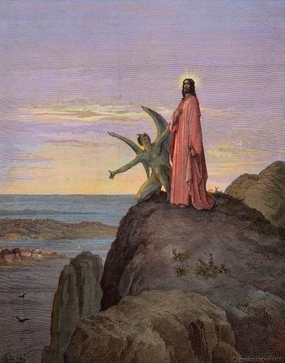 Jesus no deserto, sujeito à tentação do diabo - A tentação de Cristo - Satanás tentou Jesus - gravura de Gustave Dore - coloração posterior de Gustave Dore