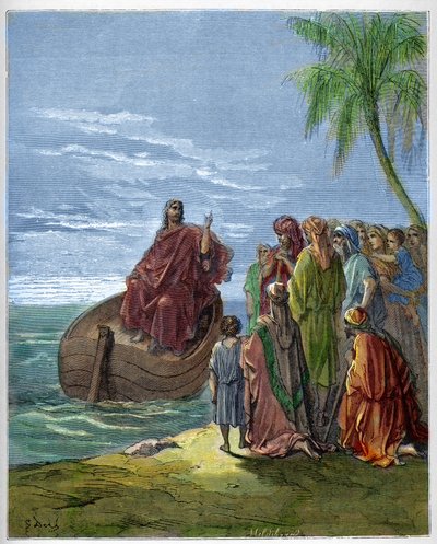 Jesus pregando no Lago Genezareth (Genesaré, Ginosar ou Kinneret) (Lago Tiberiad) (Mar da Galileia) - Jesus pregando no Mar da Galileia - - Gravura em "A ilustração bíblica" de Gustave Dore (1832-1883) - Gravura em "A Bíblia Dore de Gustave Dore