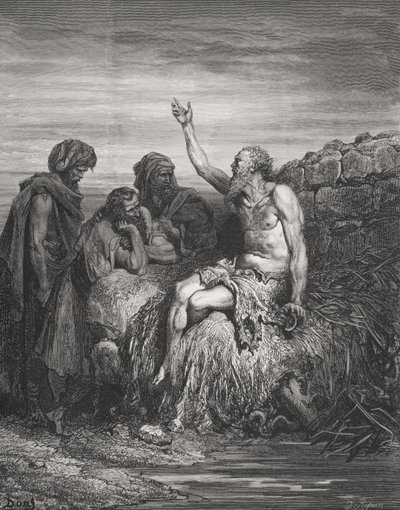 Jó e seus amigos, Jó 6: 1-4, ilustração da "Bíblia Sagrada" de Dore, gravada por J.Regnier, 1866 de Gustave Dore