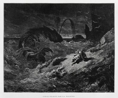 Jonas ejectado para terra firme pela baleia, Ilustração da Bíblia de Dore de Gustave Dore