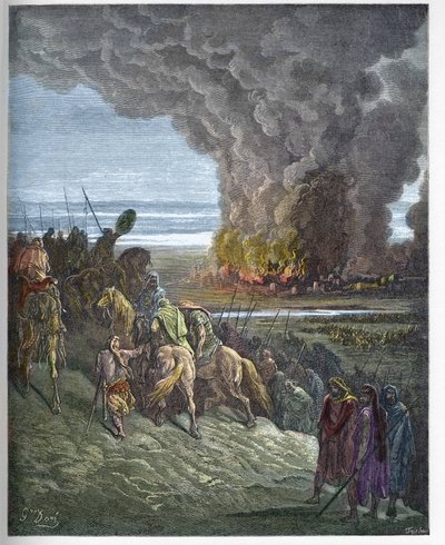 Josué queima a cidade de Ai - A conquete da cidade de Ai (Hai) de Josué (Josue Book to Flames the City of Ai) - Gravura em "The Bible illustree" de Gustave Dore (1832-1883) - Gravura em "The Dore Bible" de Gustave Dore