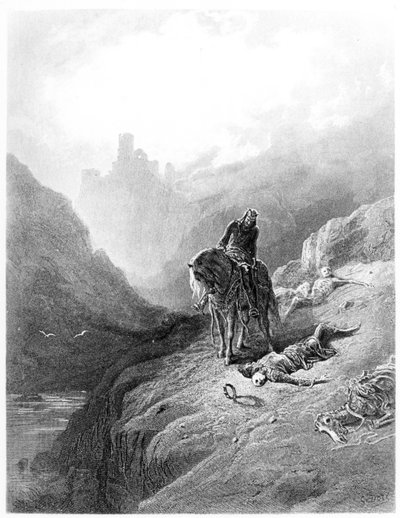 O Rei Artur descobre os Esqueletos dos Irmãos, ilustração de "Idylls of the King" de Alfred Tennyson (litografia) de Gustave Dore
