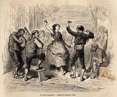 La jota aragonesa, canto do coro e dança de casal de Aragão, praticada durante todas as festividades populares e religiosas, letras sobre o tema do amor, por vezes grotescas ou triviais, estas canções populares são repetidas através de pliegos, pequenos su de Gustave Dore