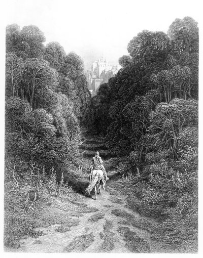 Lancelot se aproxima do Castelo de Astolat, ilustração de &39;Idylls of the King&39; de Alfred Tennyson (lito) de Gustave Dore