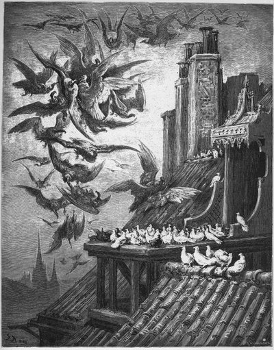 Les Vautours et les Pigeons - Os abutres e os pombos - de "Fables" de Jean de La Fontaine de Gustave Dore