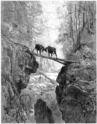 Les deux chevres: fábula de Jean de la Fontaine ilustrada por Gustave Dore - floresta, riacho, riacho - de Gustave Dore