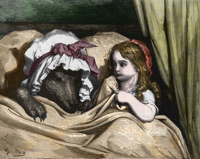 O Capuchinho Vermelho e o Lobisomem não gostam como a avó. Ilustração de Gustave Dore de Gustave Dore