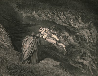 O amor nos levou a uma morte: Caina espera a alma, que dividiu nossa vida, c1890. de Gustave Dore