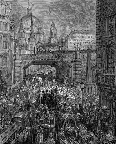 "Ludgate Hill": De Gustave Dore e Blanchard Jerrold London: A Pilgrimage London 1872. Cena de congestionamento de tráfego, viaduto ferroviário (centro) e cúpula da Basílica de São Paulo. Gravura em madeira de Gustave Dore