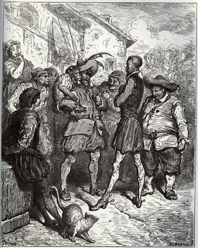 Maese Pedro e o macaco adivinho - de "Dom Quixote de la Mancha" de Miguel Cervantes (1547-1616) (Dom Quixote) - Lenhador após desenho de Gustave Dore de Gustave Dore