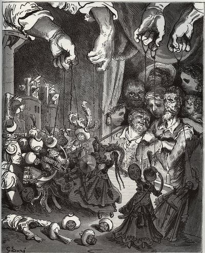 O espectáculo de marionetas de Maese Pedro - de "Don Quixote de la Mancha" de Miguel Cervantes (1547-1616) (Don Quixote) - Lenhador após desenho de Gustave Dore de Gustave Dore