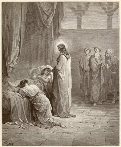 Milagre: Jesus Cristo curou a filha de Jaire (Jairus ou Jairos). Gravura da Bíblia ilustrada por Gustave Dore (1832-1883) de Gustave Dore