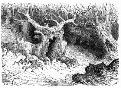 Faia monstruosa no vale de Ossau, árvores monstruosas antropomórficas. Gravura de Gustave Dore ilustrando o livro "Voyage aux Pyrenees d