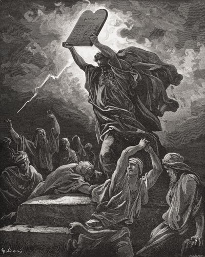 Moisés Quebrando as Tábuas da Lei, Êxodo 32:19, ilustração da "Bíblia Sagrada" de Dore, gravada por Hotelin, 1866 de Gustave Dore