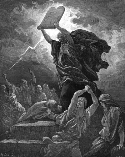 Moisés quebra as tábuas da lei, gravando. - Bíblia de Gustave Dore