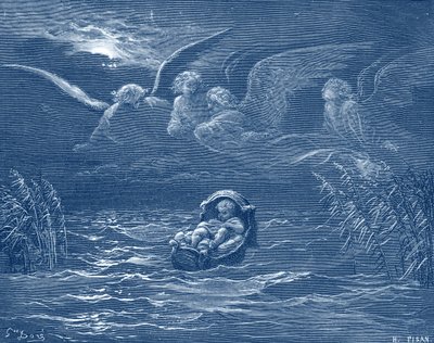 Moisés sobre o rio Nilo, gravura de Doré - Bíblia de Gustave Dore