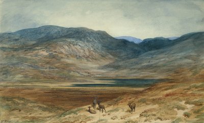 Paisagem montanhosa com veados, 1873 (wc & crayon on paper) de Gustave Dore