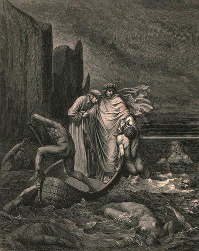 Meu professor sábio ciente, empurrando-o de volta, c1890. de Gustave Dore
