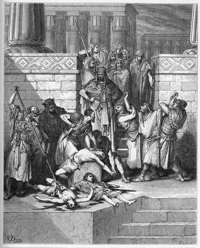Nabucodonosor ordena que os filhos do rebelde Zedequias sejam mortos - Gravura em "A ilustração bíblica" de Gustave Dore (1832-1883) - Gravura em "A Bíblia Dore de Gustave Dore