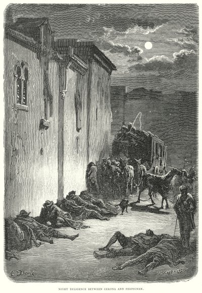 Diligência nocturna entre Gerona e Perpignan (gravura) de Gustave Dore