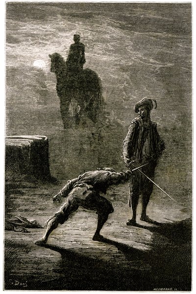 Duelo noturno ao luar entre o Barão de Sigognac e Jacquemin Lampourde, sob a estátua equestre do Rei de Bronze. Gravura de Gustave Dore ilustrando o romance de Theophile Gautier "Le capitaine Fracasse", edição Charpentier 1863. de Gustave Dore