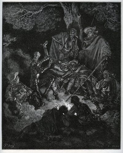 Luz nocturna onde Dom Quixote conta a história do mundo às cabras e a um Sancho Panza - de "Dom Quixote de la Mancha" de Miguel Cervantes (1547-1616) (Dom Quixote) - Lenhador após desenho de Gustave Dore de Gustave Dore