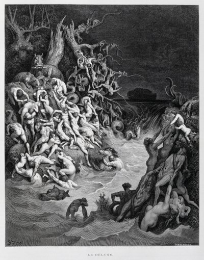 Noé e a sua arca escapam quando o grande dilúvio envolve a Terra, Ilustração da Bíblia de Dore de Gustave Dore