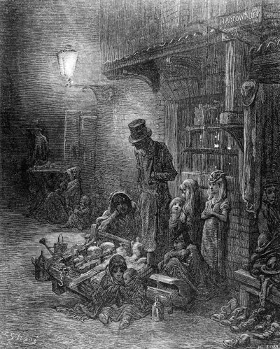 Fora de Billingsgate, vista de Harrow Alley, de "Londres, uma peregrinação", escrito por William Blanchard Jerrold (1826-84), gravado por Heliodore Joseph Pisan (1822-90), pub. 1872 de Gustave Dore