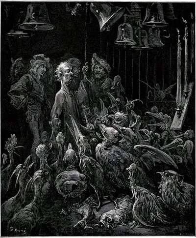 Na ilha de Sonnante, Panurge faz cantar os pássaros tocando os sinos - ilustração de Gustave Dore para as obras completas de François Rabelais - Livro Quinto - Pantagruel de Gustave Dore
