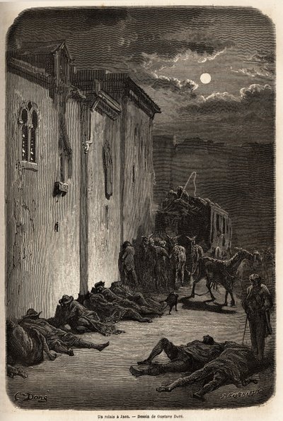 Uma noite numa estafeta em Jaen. Desenho de Gustave Dore (1832-1883), para ilustrar sua viagem à Espanha em 1862, com Ch. Davillier. Gravura em "Le tour du monde", editado por Edouard Charton de Gustave Dore