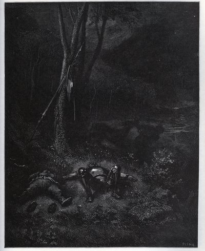 Um dos fugitivos, Gines de Passamont, rouba o burro de Sancho Panza durante o sono dos dois viajantes - de "Dom Quixote de la Mancha" de Miguel Cervantes (1547-1616) (Dom Quixote) - Lenhador após desenho de Gustave Dore de Gustave Dore