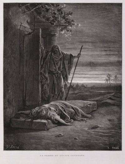 Indignado em Gibeá, o levita leva a sua concubina morta, Ilustração da Bíblia de Dore de Gustave Dore