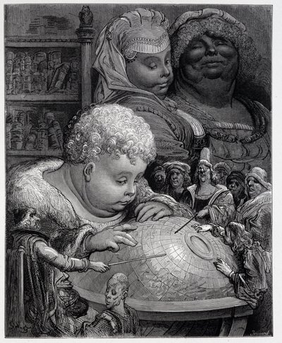 Pantagruel seguindo um curso de geografia - em "Gargantua" de Rabelais, doente. Gustave Dore de Gustave Dore