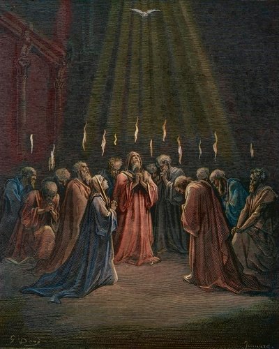 Pentecostes - Pentecostes (vinda do Espírito Santo) - Pentecostes, a descida do Espírito Santo, gravura de Gustave Dore (1832-1883) - coloração posterior de Gustave Dore