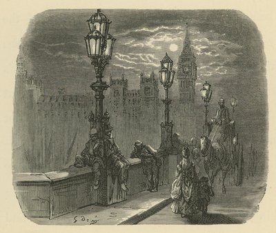 Pessoas e carruagens na ponte de Westminster de Gustave Dore