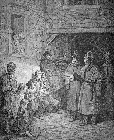 Policiais em patrulha na Rookery de Londres, gravados por Stephane Pannemaker (1847-1930) de Gustave Dore