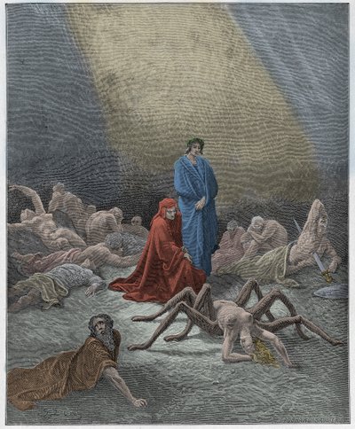 Purgatorio, Canto 12: Dante vê a alma de Aracne, ilustração de "A Divina Comédia" de Dante Alighieri, 1885 de Gustave Dore
