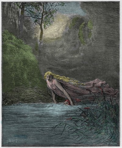Purgatório, Canto 31: Dante submerso no rio Lethe, ilustração da "Divina Comédia" de Dante Alighieri, 1885 de Gustave Dore