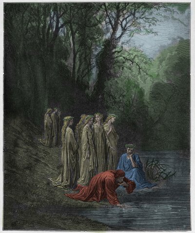 Purgatorio, Canto 33: Dante bebe do rio Eunoe, ilustração da "Divina Comédia" de Dante Alighieri, 1885 de Gustave Dore
