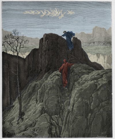Purgatório, Canto 4: Virgílio leva Dante até a encosta da montanha, ilustração de "A Divina Comédia", de Dante Alighieri, 1885 de Gustave Dore