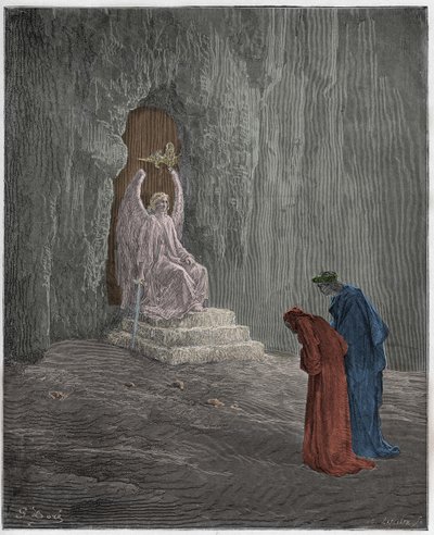 Purgatório, Canto 9: Dante e Virgílio nos portais do Purgatório, ilustração de "A Divina Comédia" de Dante Alighieri, 1885 de Gustave Dore