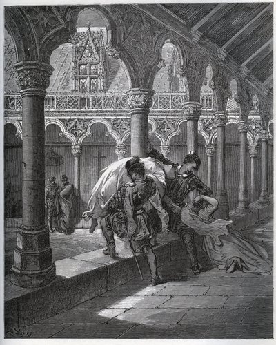 Recito de D. Fernand; ele leva Luscinde do convento onde ela se refugiou - de "Dom Quixote de la Mancha" de Miguel Cervantes (1547-1616) (Dom Quixote) - Lenhador após desenho de Gustave Dore de Gustave Dore