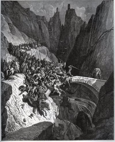 Recite des feats du chevalier Diego Garcia de Paredes - de "Don Quixote de la Mancha" de Miguel Cervantes (1547-1616) (Don Quixote) - Corte em madeira após desenho de Gustave Dore de Gustave Dore
