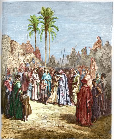 Reconciliação entre Jacó e Esaú - Reconciliação de Jacó e Esaú Genese, XXXIII, 4 - - Gravura de "A ilustração bíblica" de Gustave Dore (1832-1883) - Gravura de "A Bíblia Dore de Gustave Dore